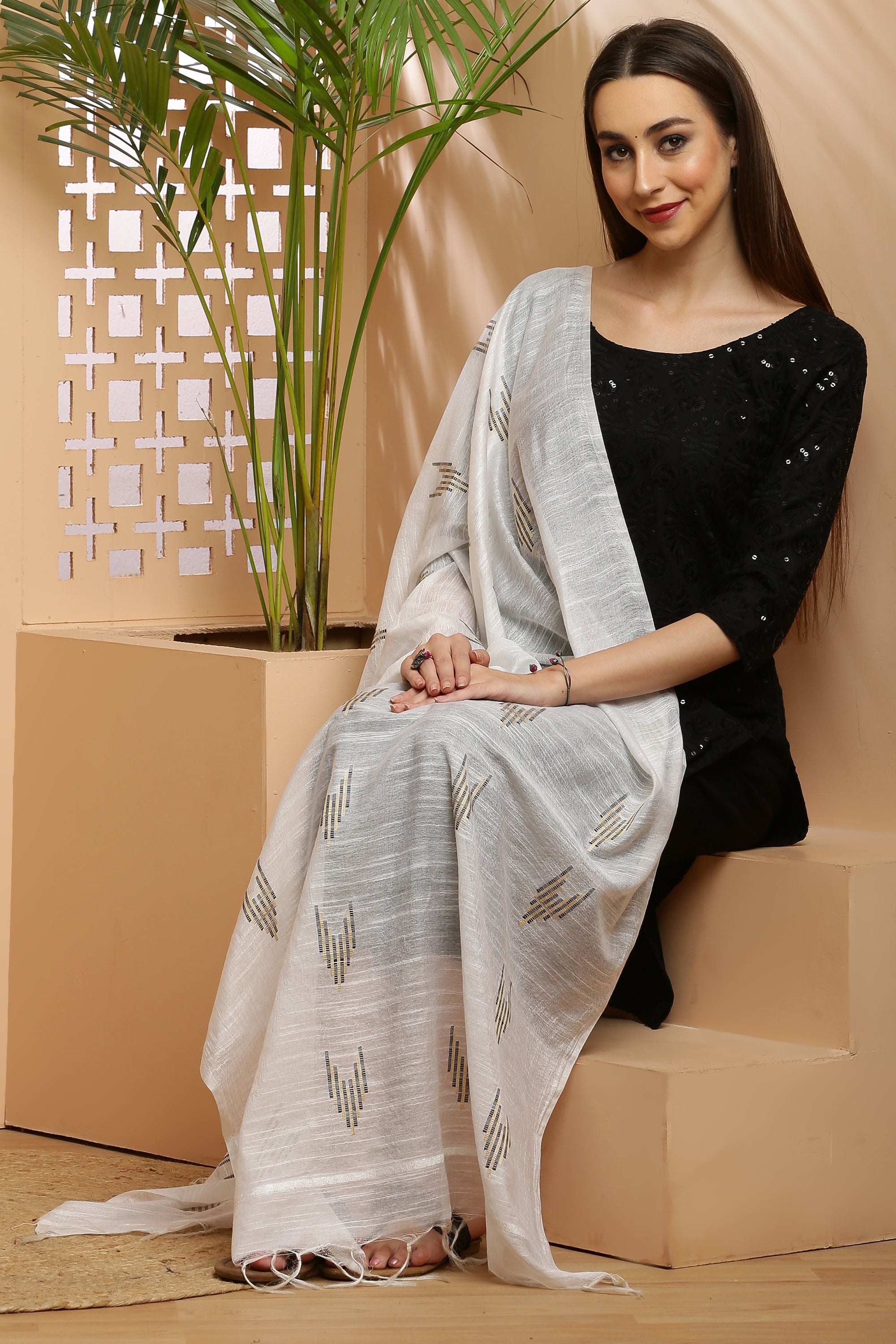 Dupatta-Cotton Slub Silk - White