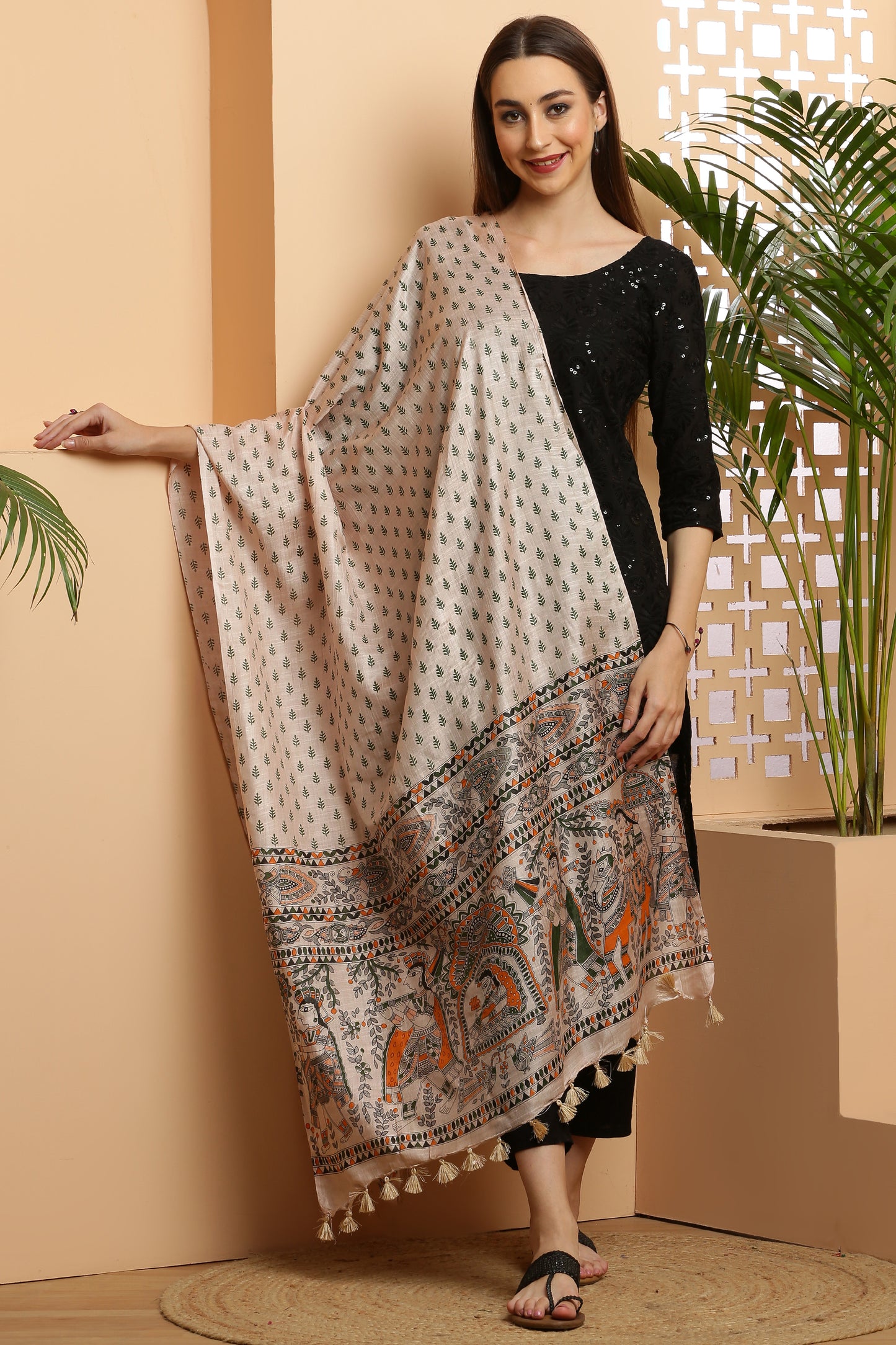 Dupatta-Bhagalpuri Katan - Madhubani Green