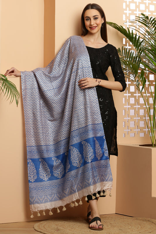 Dupatta-Bhagalpuri Katan - ZigZag Blue