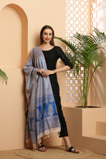 Dupatta-Bhagalpuri Katan - ZigZag Blue