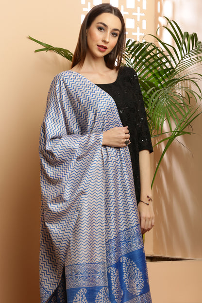 Dupatta-Bhagalpuri Katan - ZigZag Blue