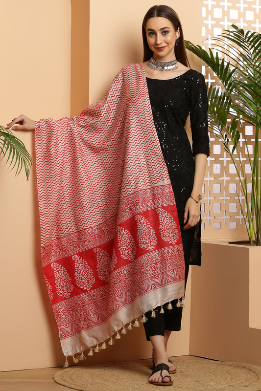 Dupatta-Bhagalpuri Katan - ZigZag Red