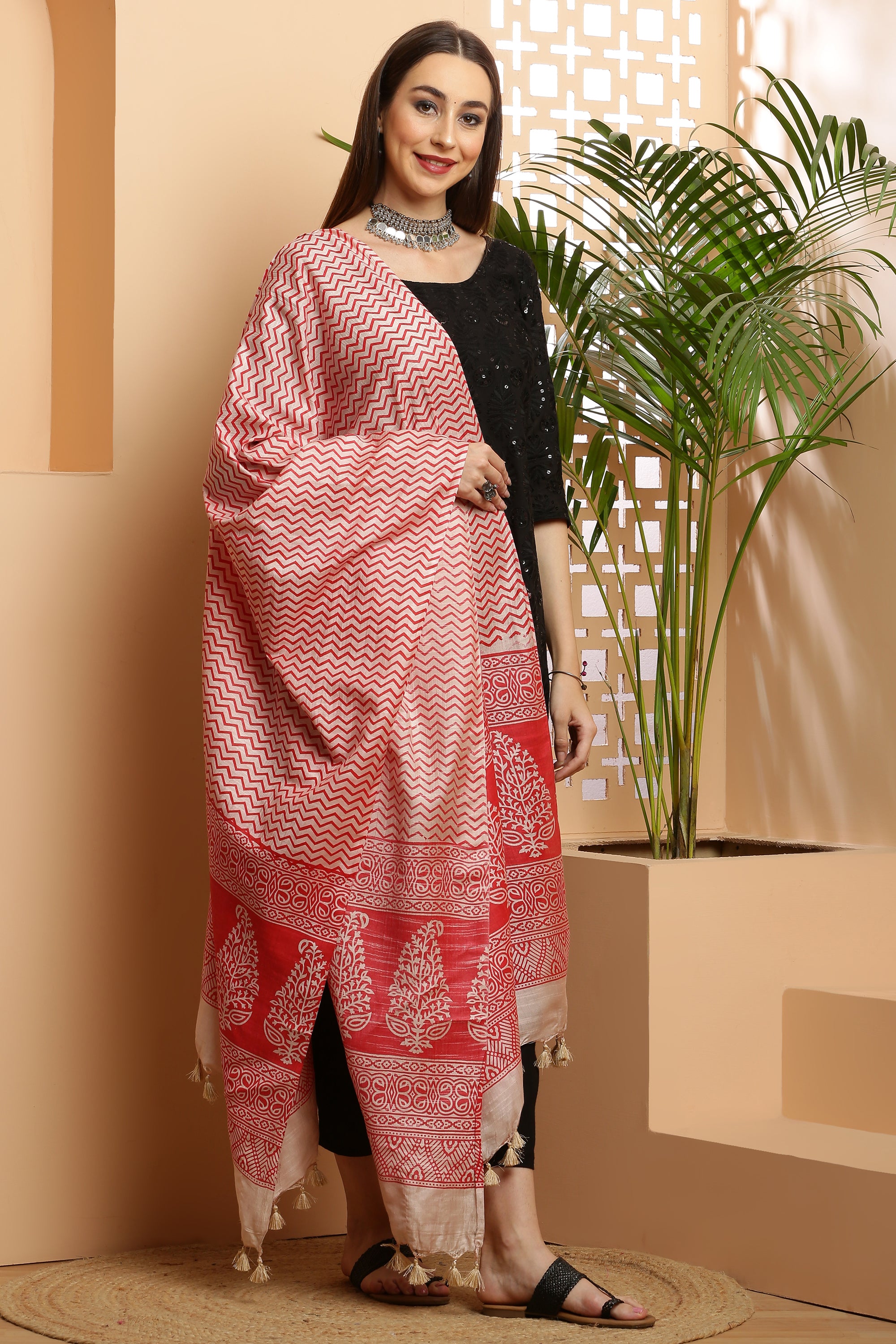 Dupatta-Bhagalpuri Katan - ZigZag Red