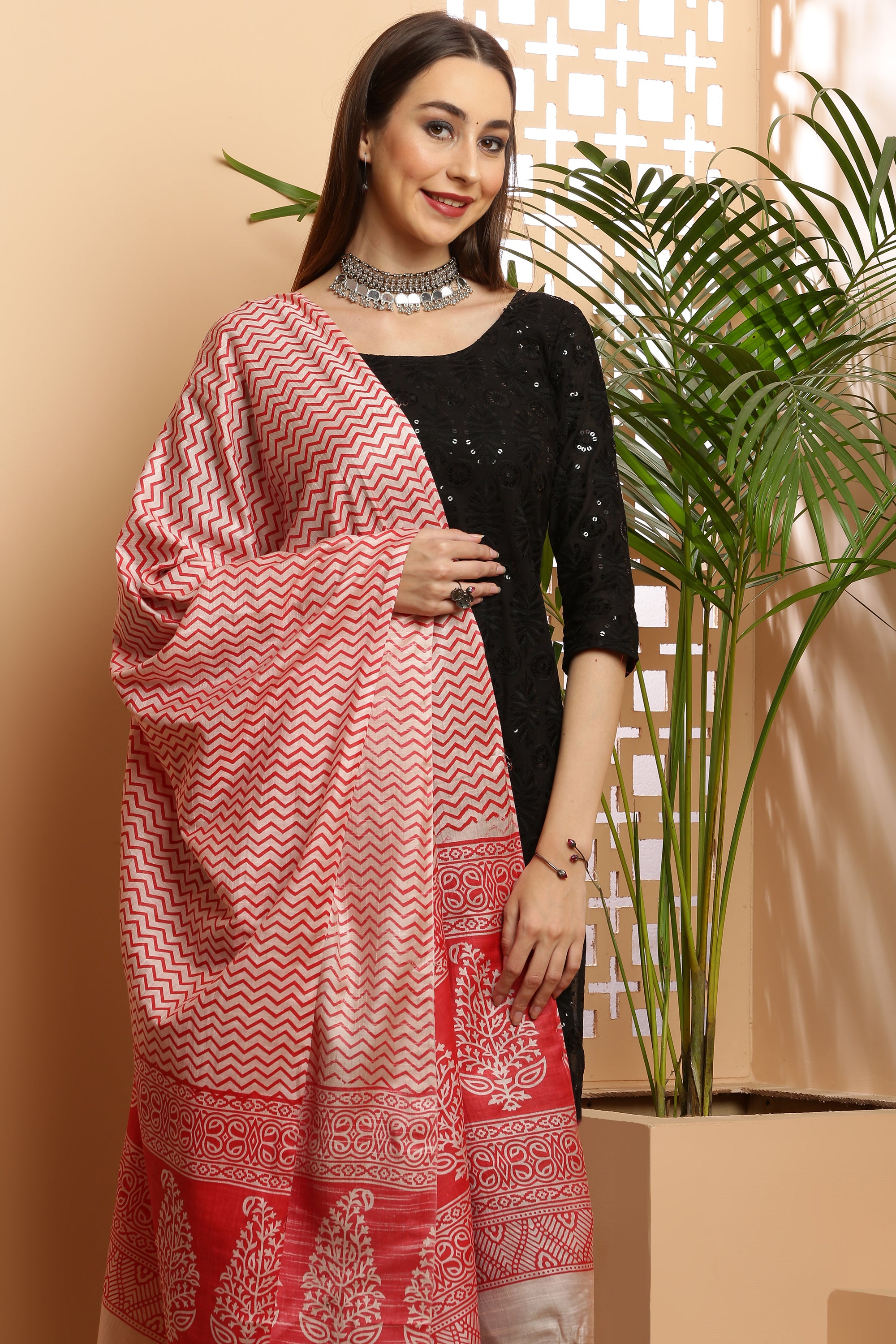 Dupatta-Bhagalpuri Katan - ZigZag Red