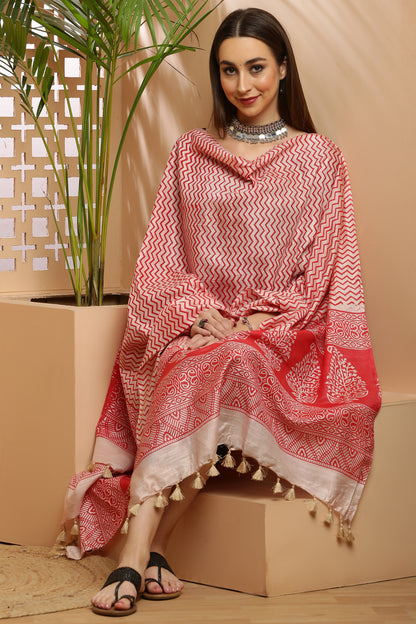 Dupatta-Bhagalpuri Katan - ZigZag Red