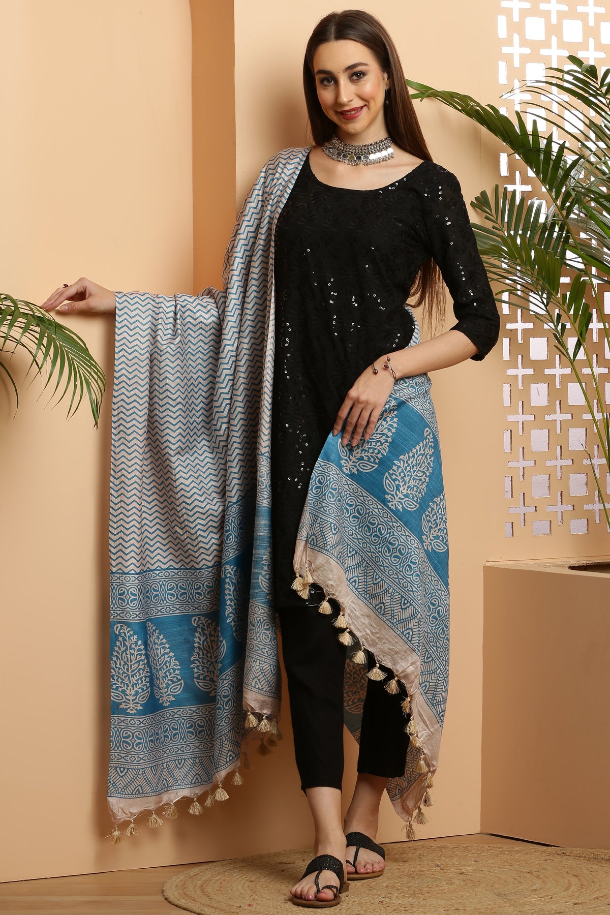 Dupatta-Bhagalpuri Katan - ZigZag L.Blue