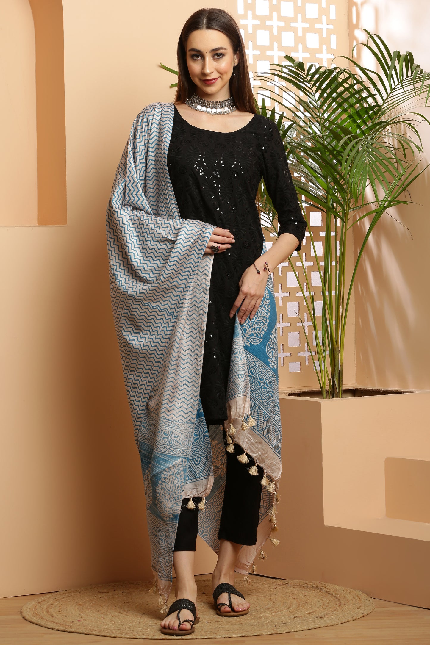 Dupatta-Bhagalpuri Katan - ZigZag Light Blue