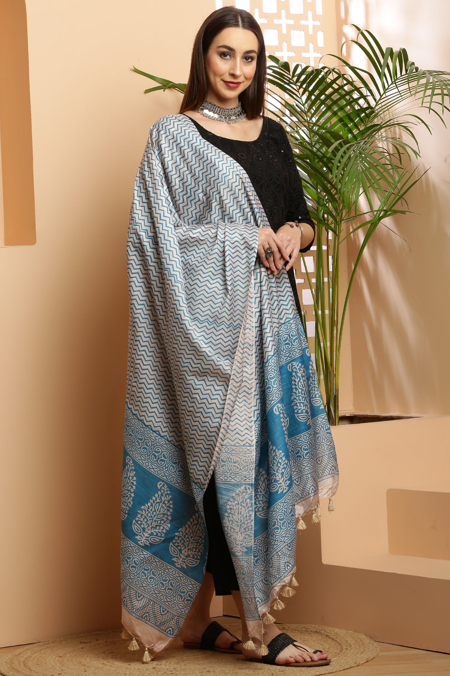 Dupatta-Bhagalpuri Katan - ZigZag Light Blue