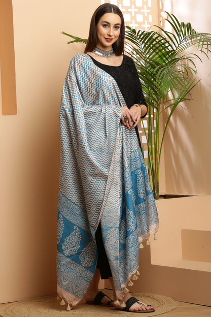 Dupatta-Bhagalpuri Katan - ZigZag Light Blue