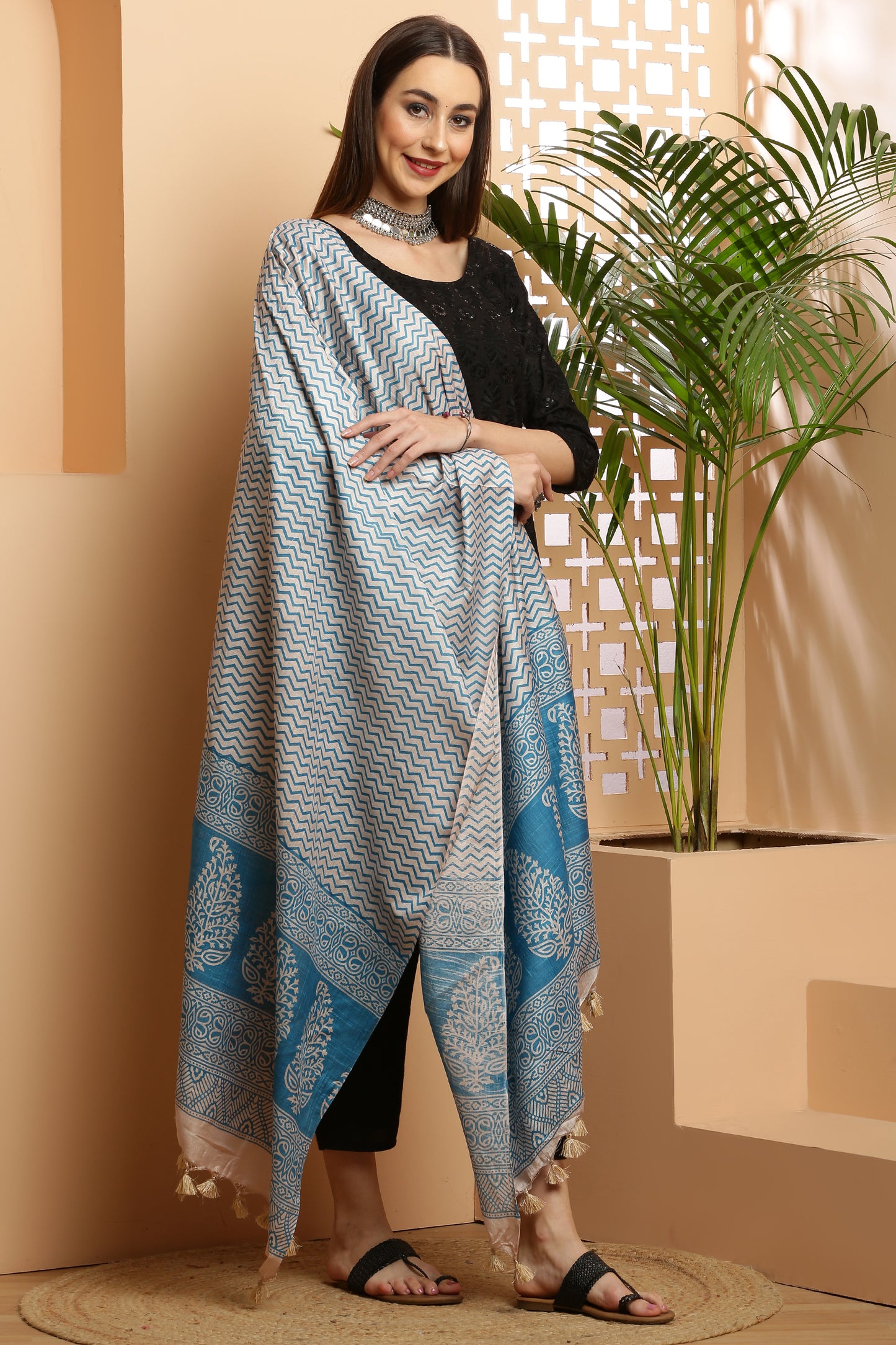 Dupatta-Bhagalpuri Katan - ZigZag Light Blue