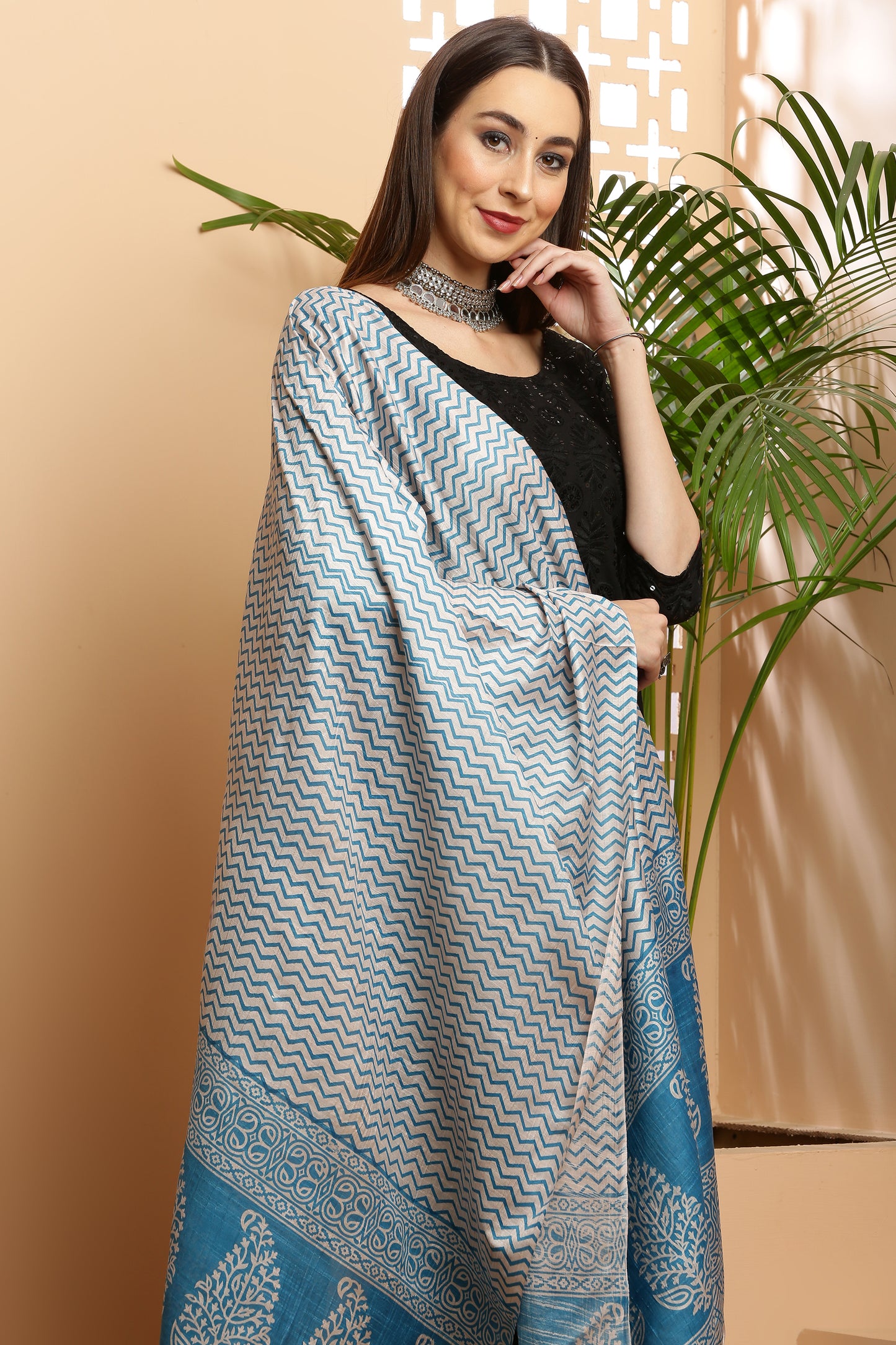 Dupatta-Bhagalpuri Katan - ZigZag Light Blue