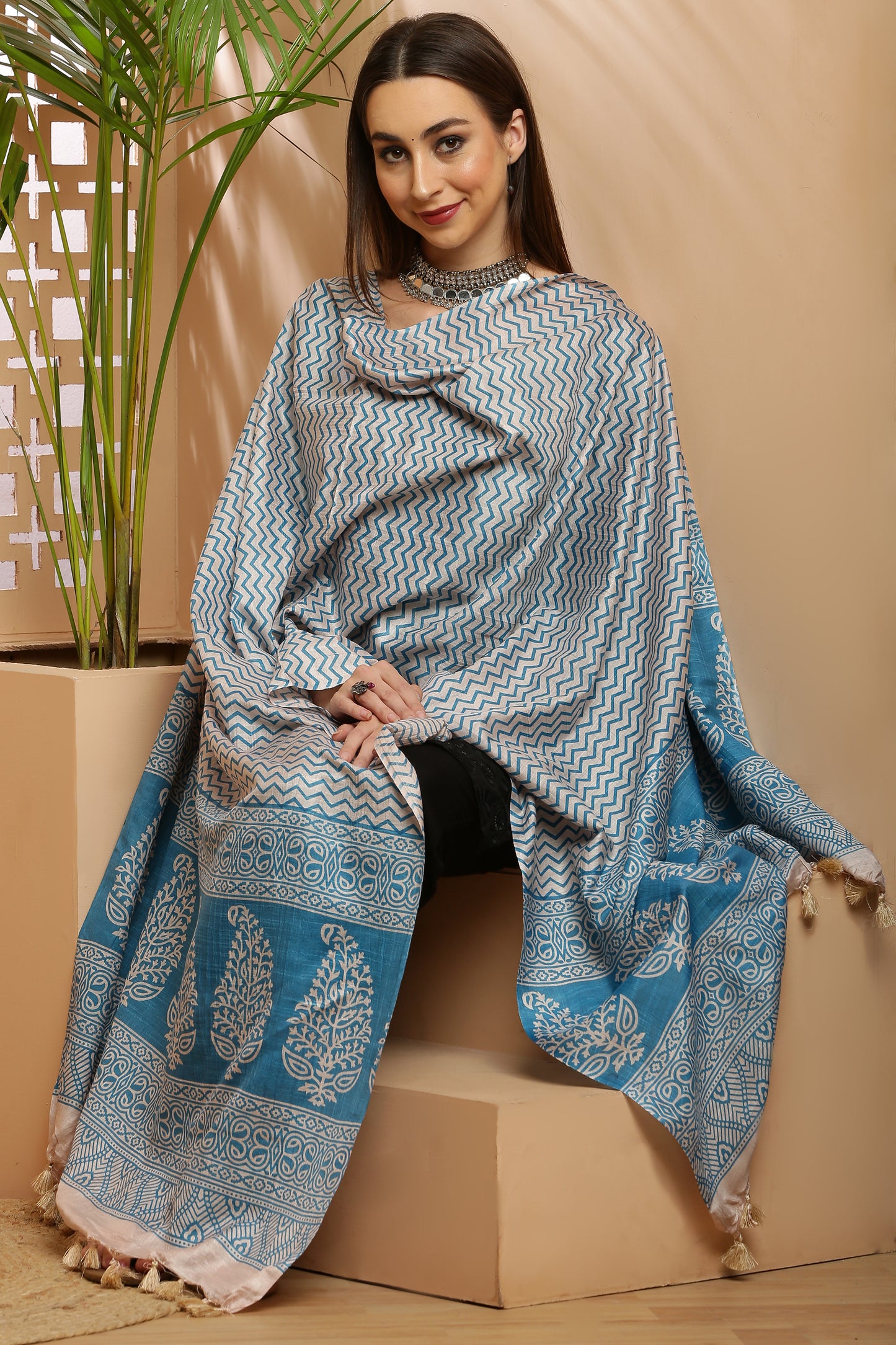 Dupatta-Bhagalpuri Katan - ZigZag Light Blue