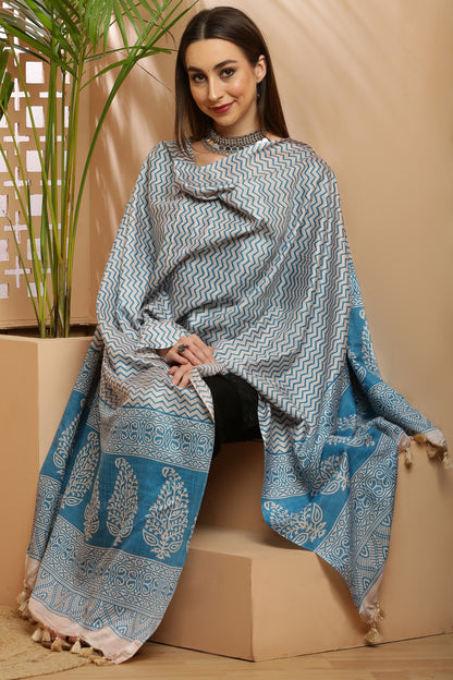 Dupatta-Bhagalpuri Katan - ZigZag Light Blue
