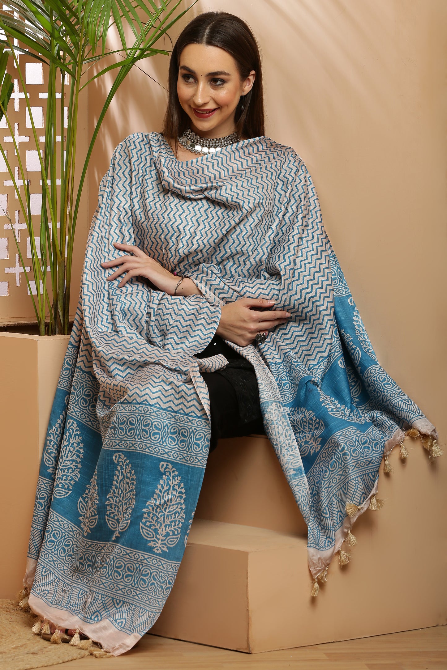Dupatta-Bhagalpuri Katan - ZigZag Light Blue