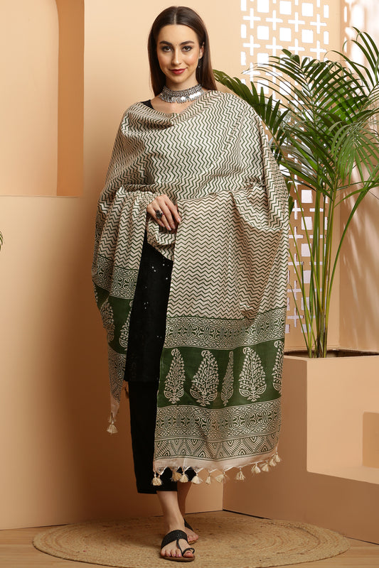Dupatta-Bhagalpuri Katan - ZigZag Olive Green