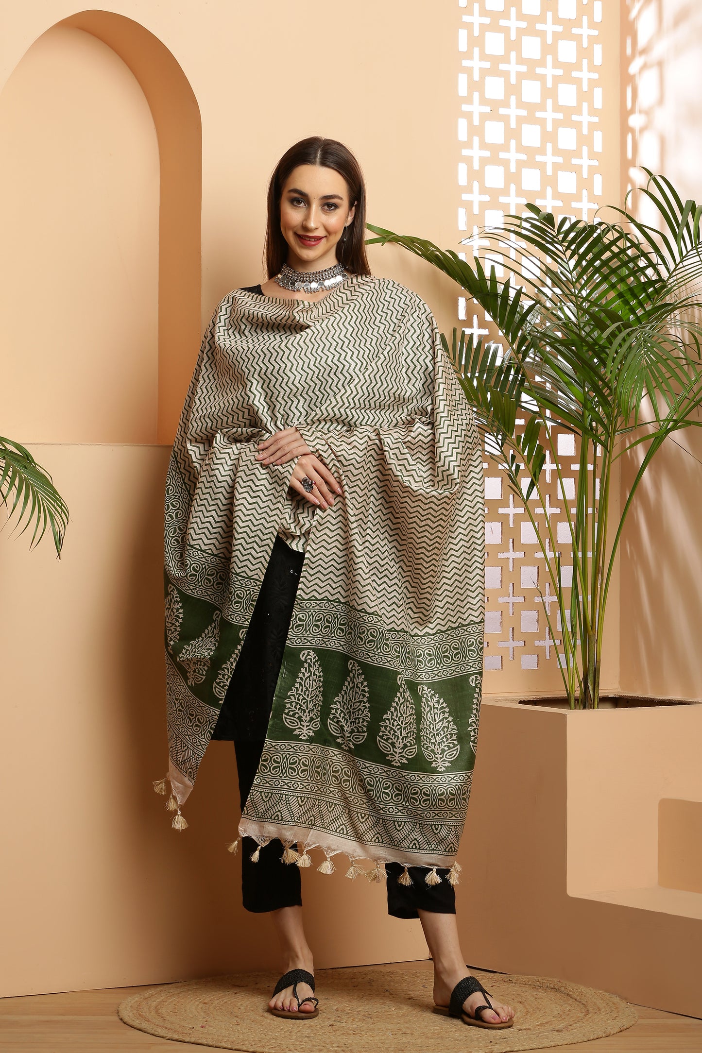 Dupatta-Bhagalpuri Katan - ZigZag Olive Green