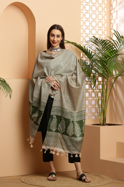 Dupatta-Bhagalpuri Katan - ZigZag Olive Green