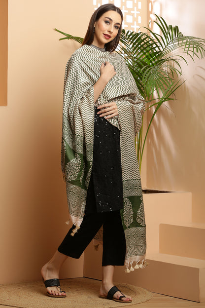 Dupatta-Bhagalpuri Katan - ZigZag Olive Green
