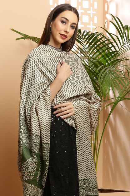 Dupatta-Bhagalpuri Katan - ZigZag Olive Green