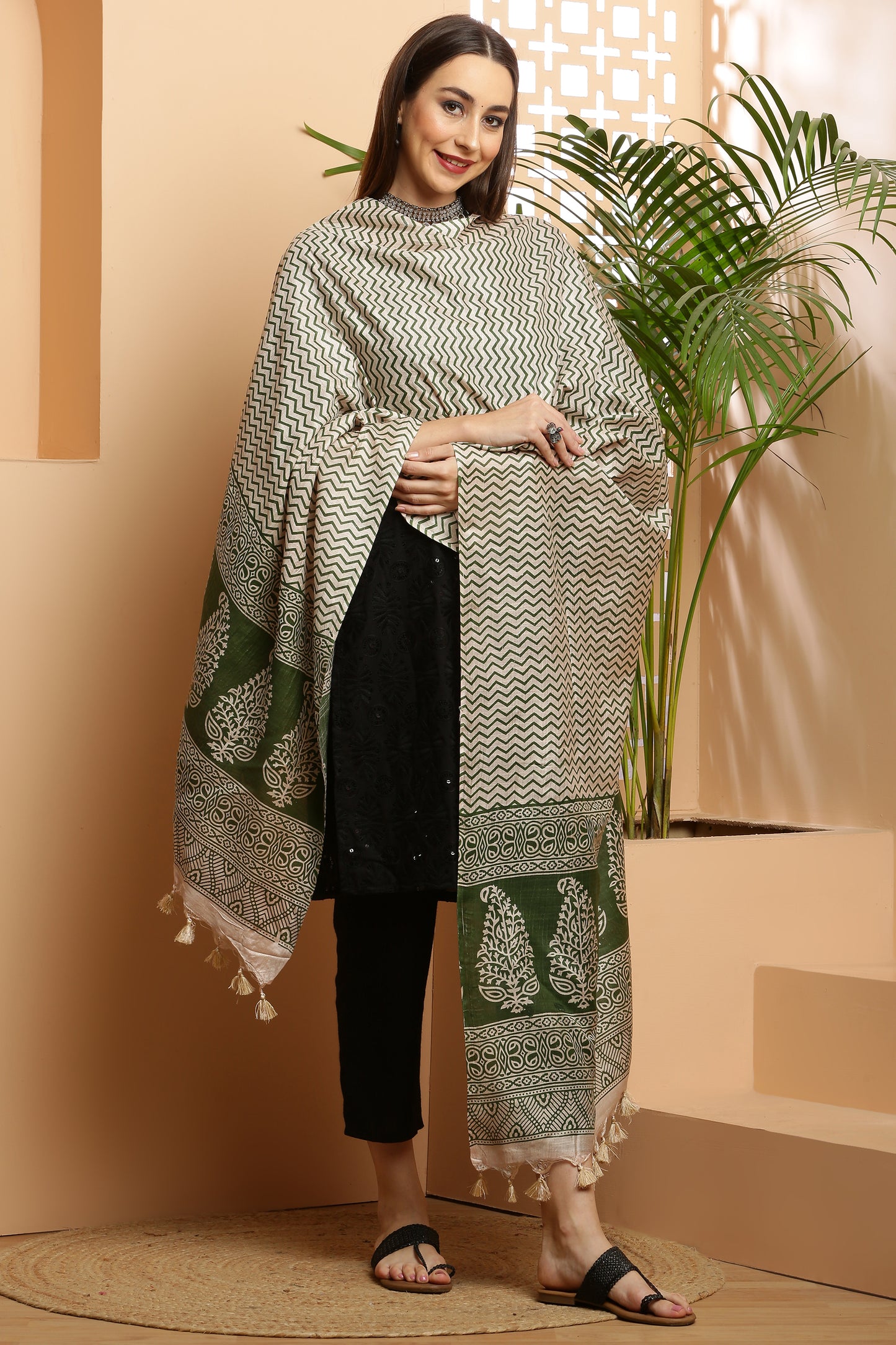 Dupatta-Bhagalpuri Katan - ZigZag Olive Green