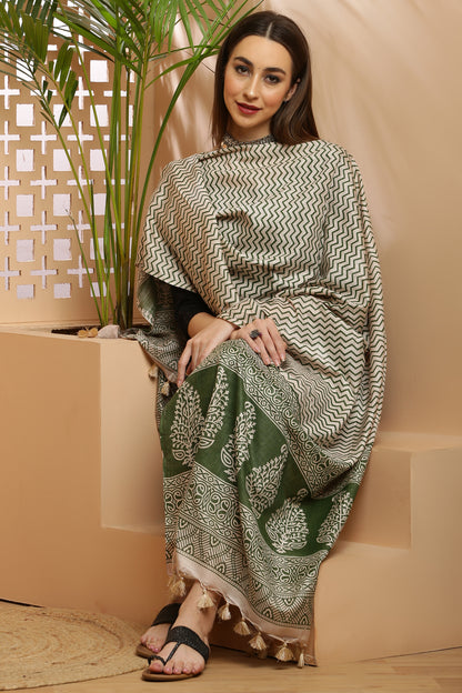 Dupatta-Bhagalpuri Katan - ZigZag Olive Green