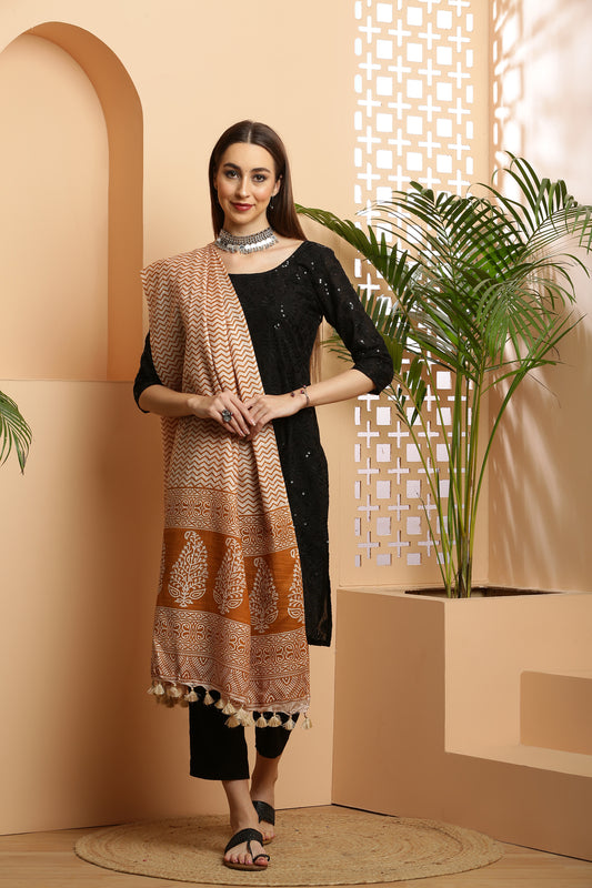 Dupatta-Bhagalpuri Katan - ZigZag Mustard Yellow