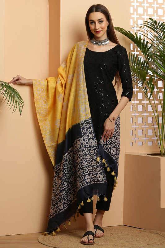 Dupatta-Bhagalpuri Katan - Batik Yellow n Navy Blue