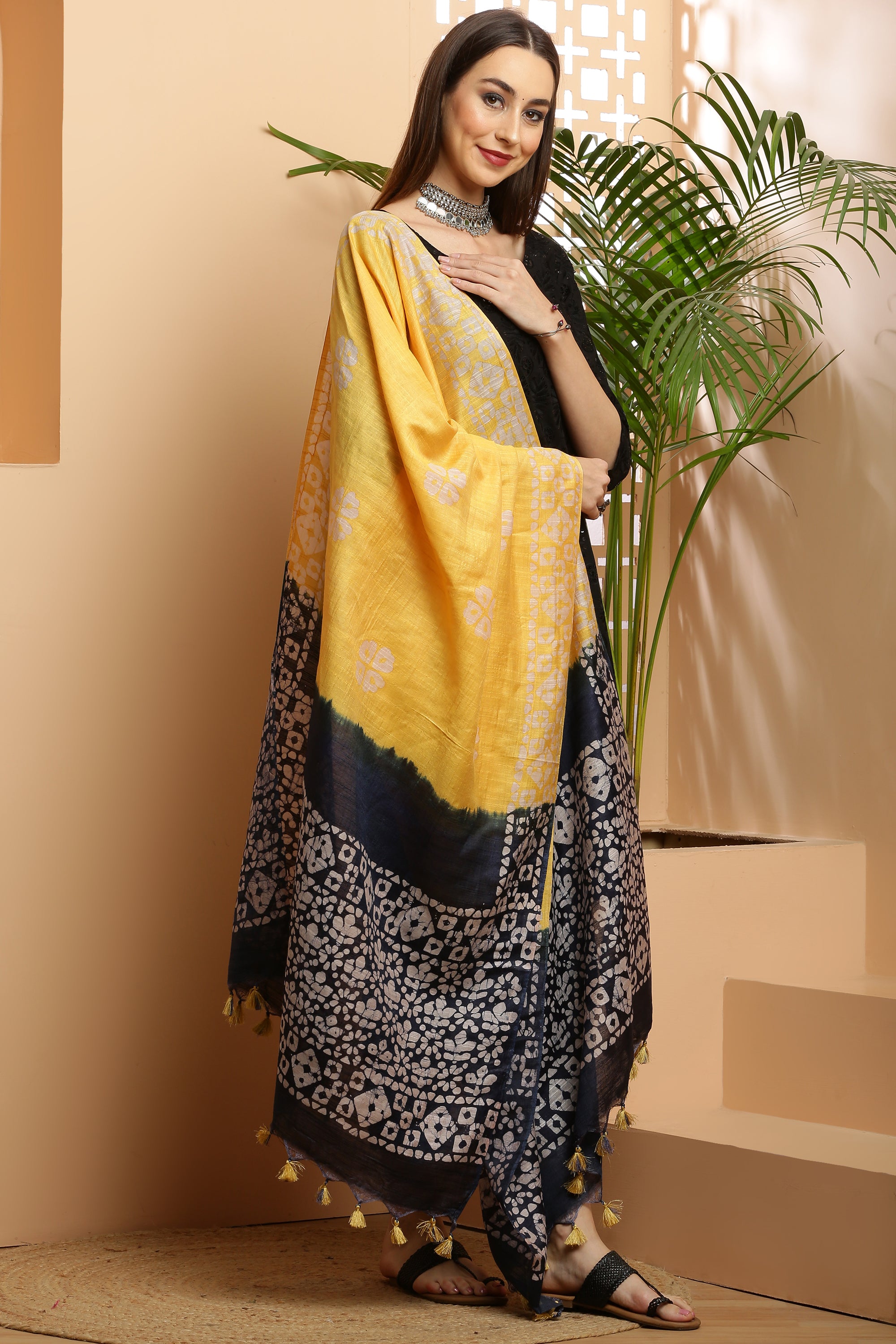 Dupatta-Bhagalpuri Katan - Batik Yellow n Navy Blue