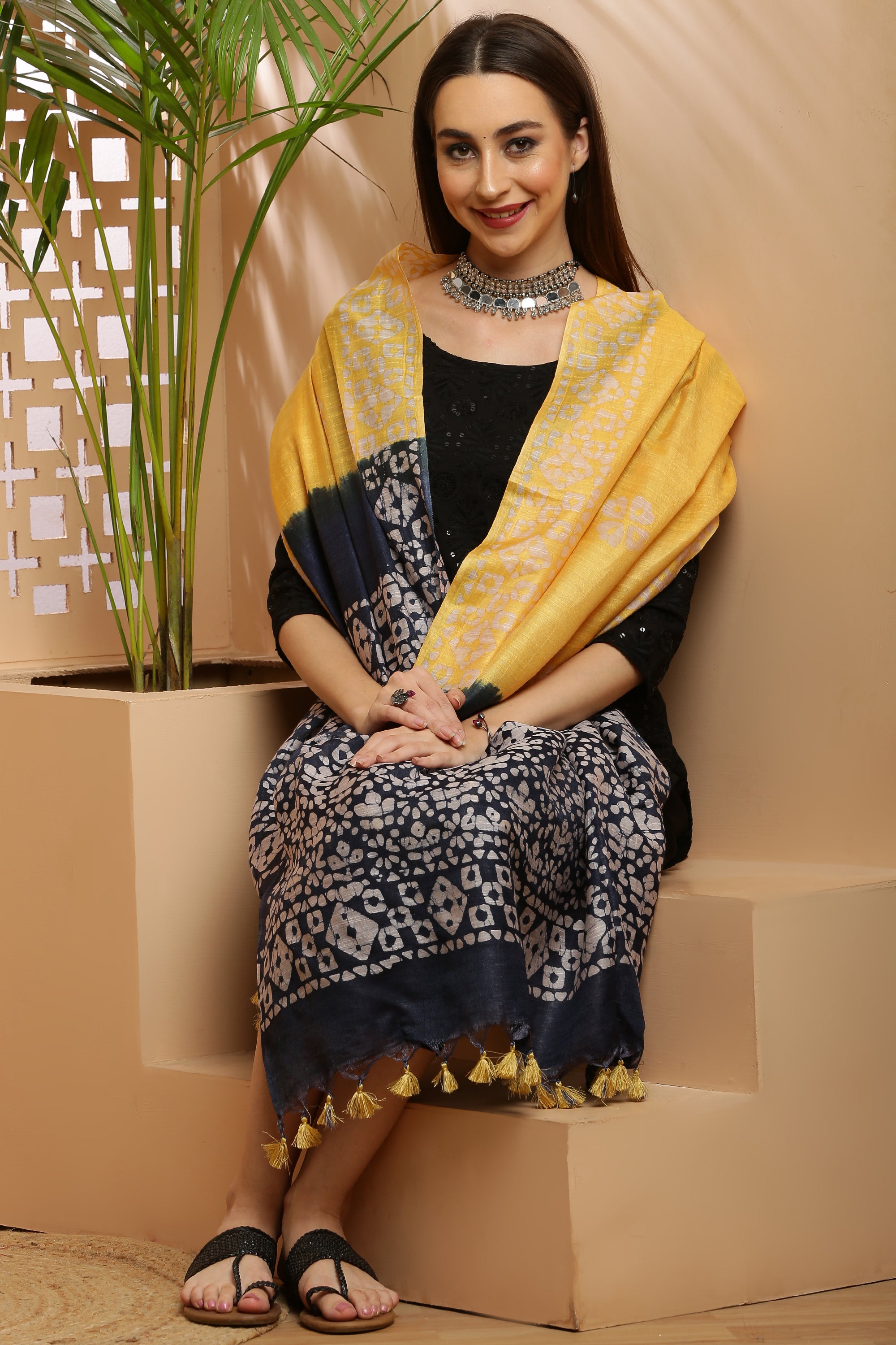 Dupatta-Bhagalpuri Katan - Batik Yellow n Navy Blue