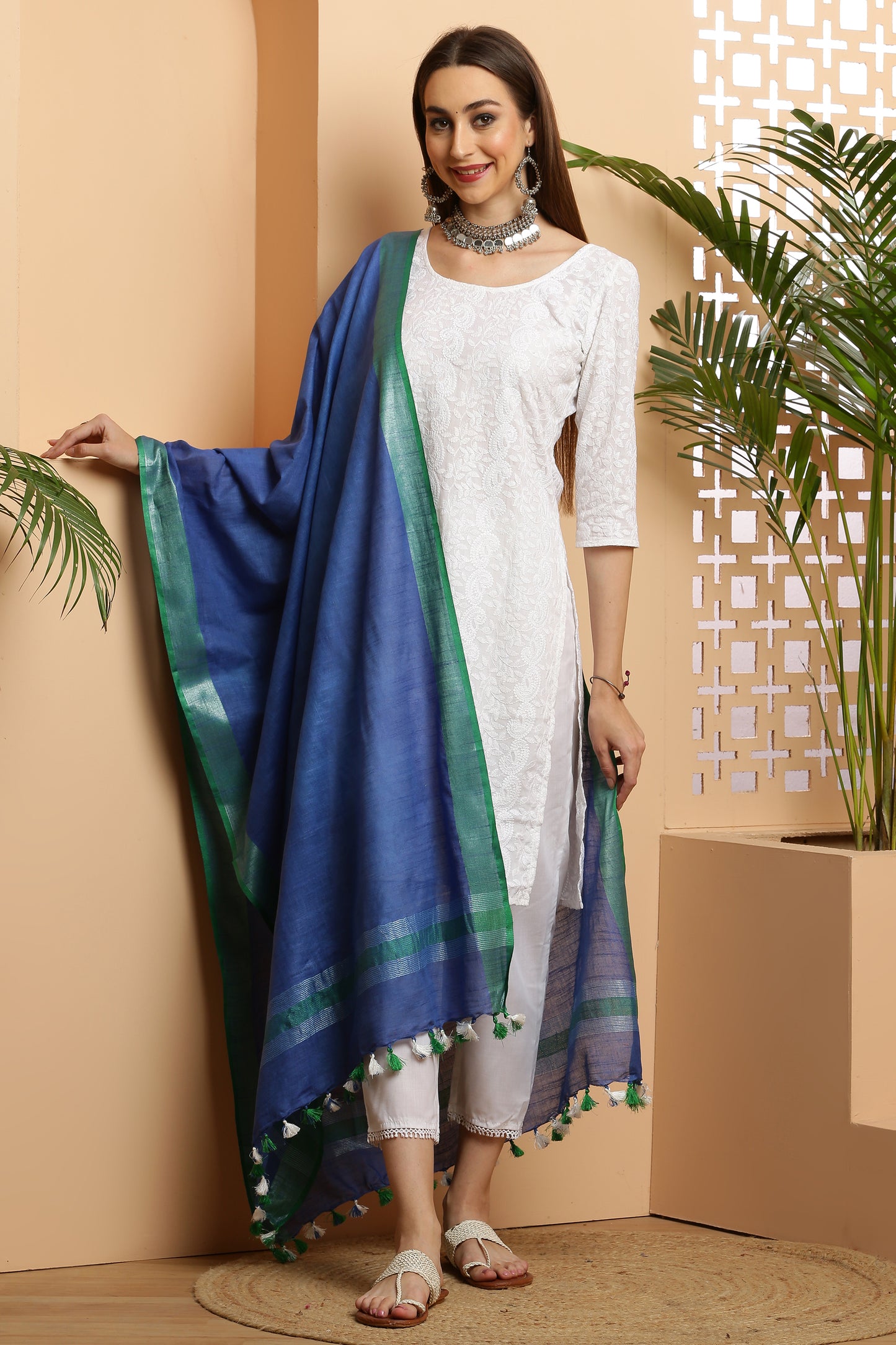 Dupatta -Cotton Linen-Blue n Green