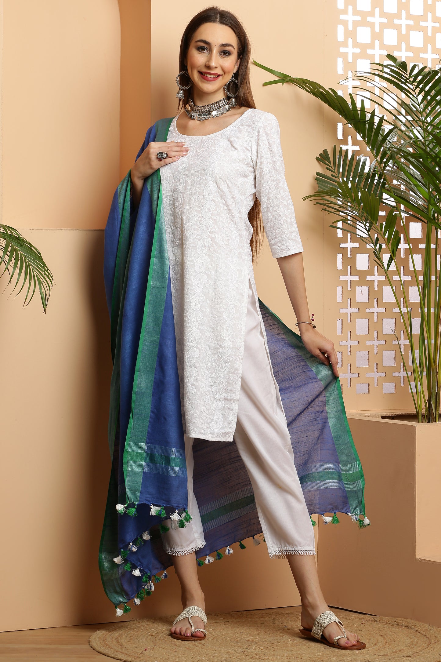 Dupatta -Cotton Linen-Blue n Green