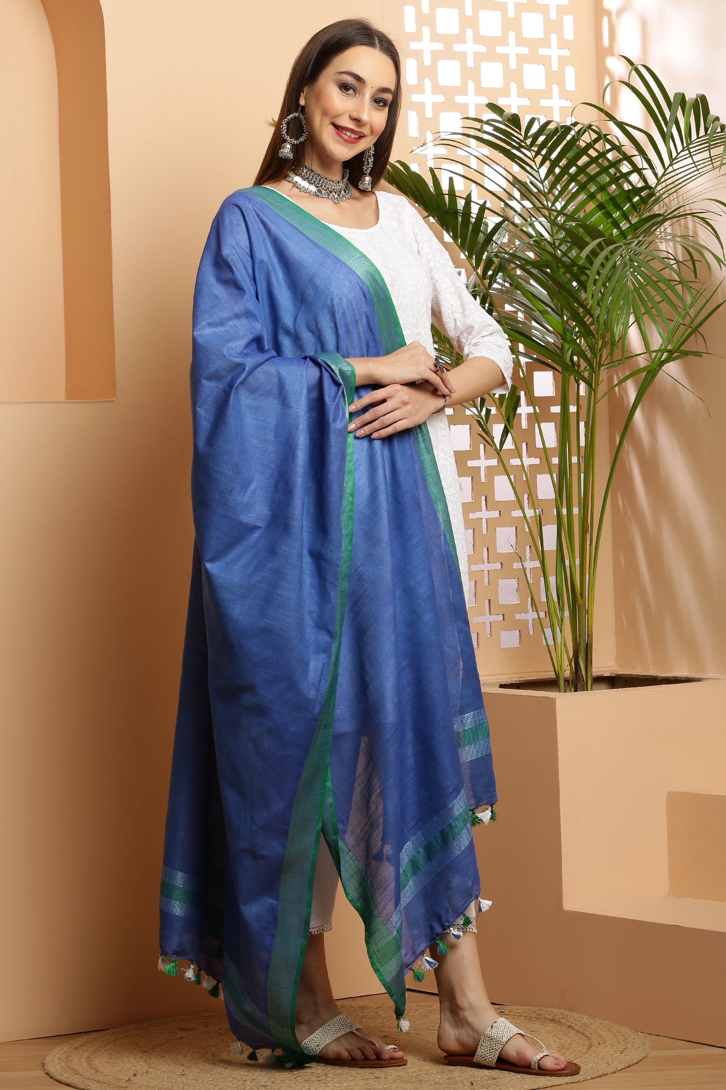 Dupatta -Cotton Linen-Blue n Green