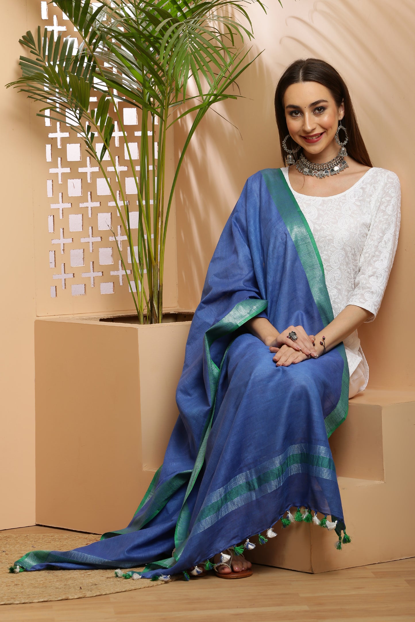 Dupatta -Cotton Linen-Blue n Green