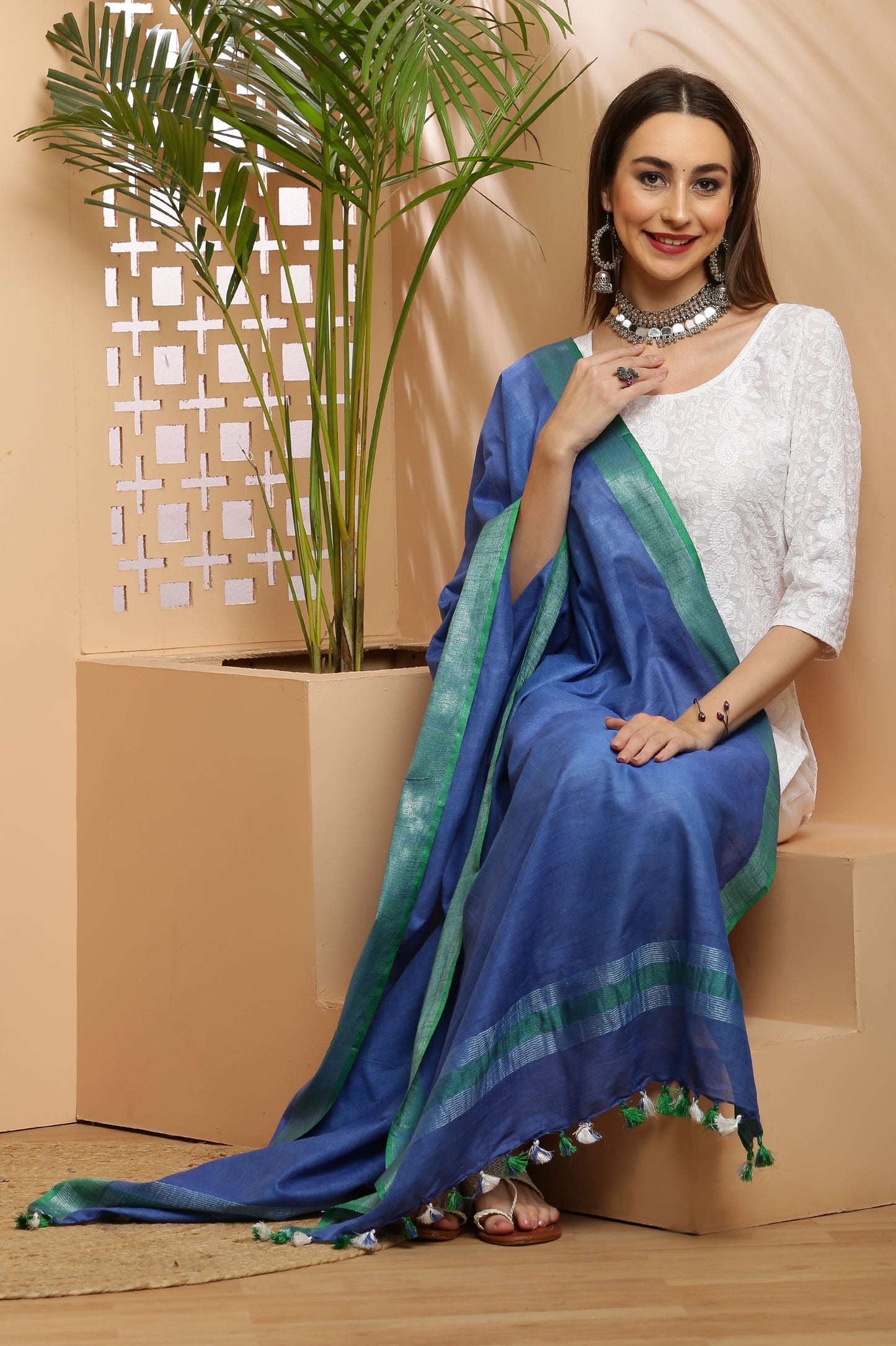 Dupatta -Cotton Linen-Blue n Green