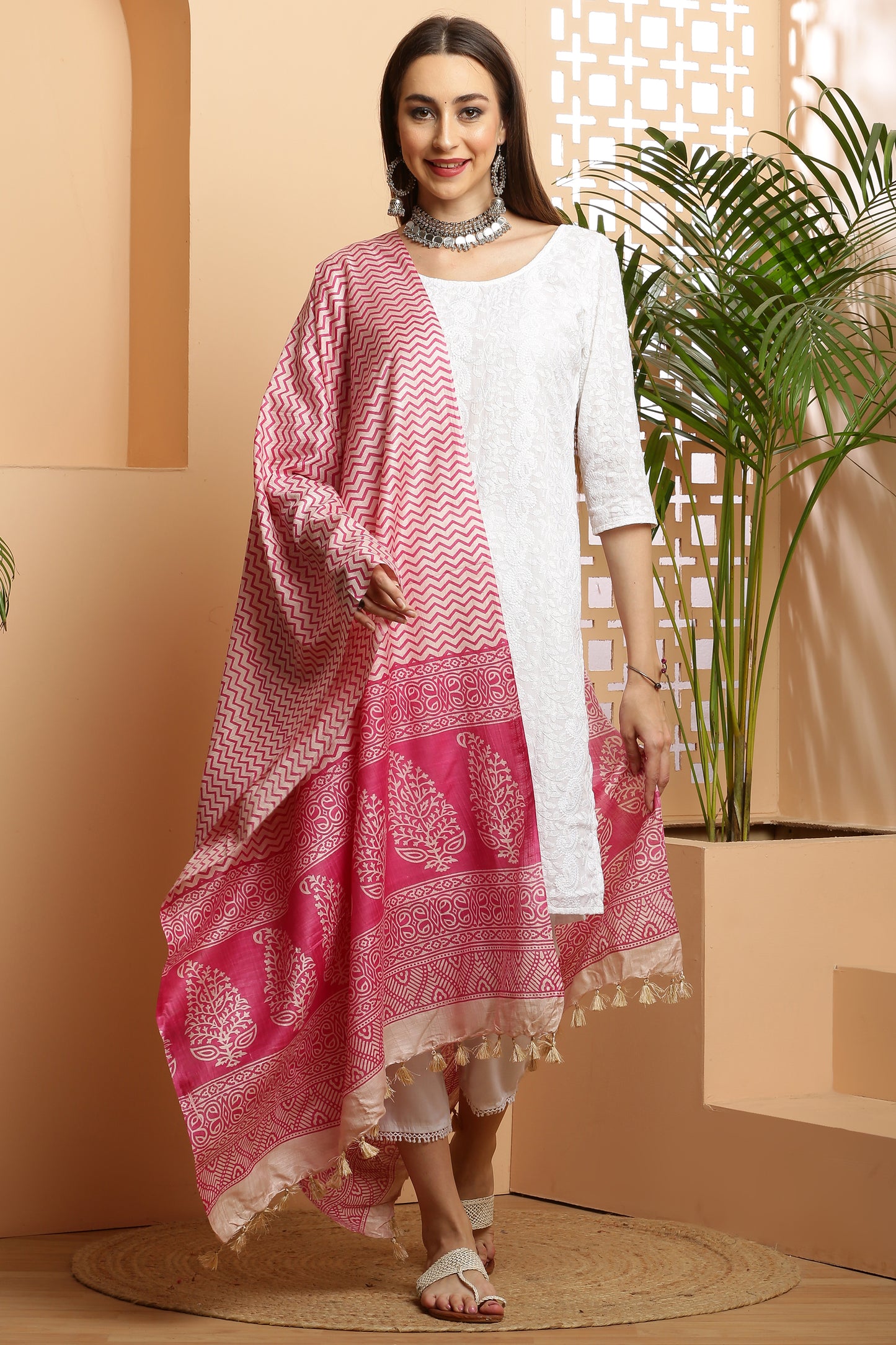 Dupatta-Bhagalpuri Katan - ZigZag Pink