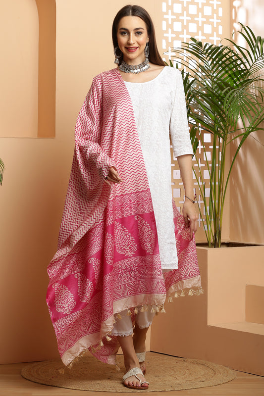 Dupatta-Bhagalpuri Katan - ZigZag Pink