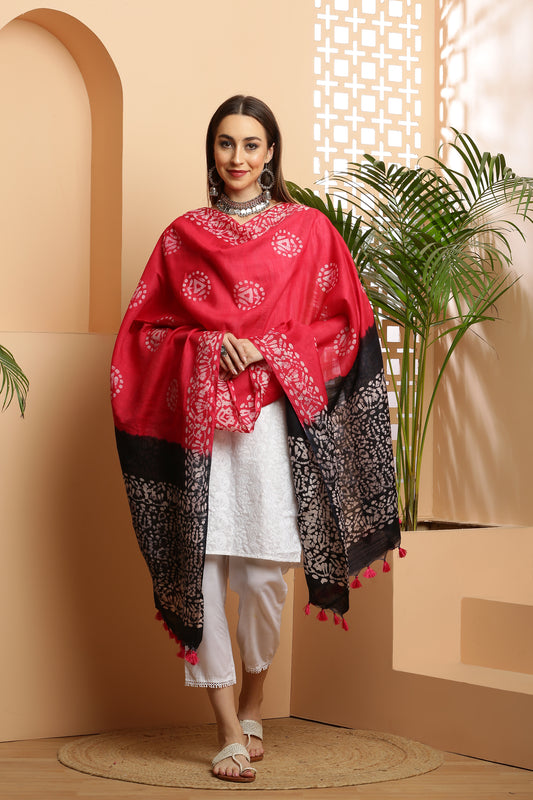 Dupatta-Bhagalpuri Katan - Batik Red n Black