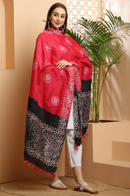 Dupatta-Bhagalpuri Katan - Batik Red n Black