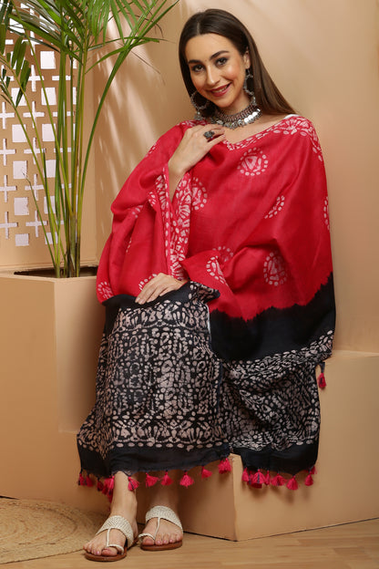 Dupatta-Bhagalpuri Katan - Batik Red n Black