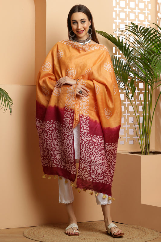 Dupatta-Bhagalpuri Katan - Batik Orangish Yellow n Maroon