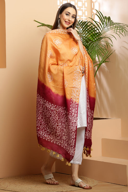 Dupatta-Bhagalpuri Katan - Batik Orangish Yellow n Maroon