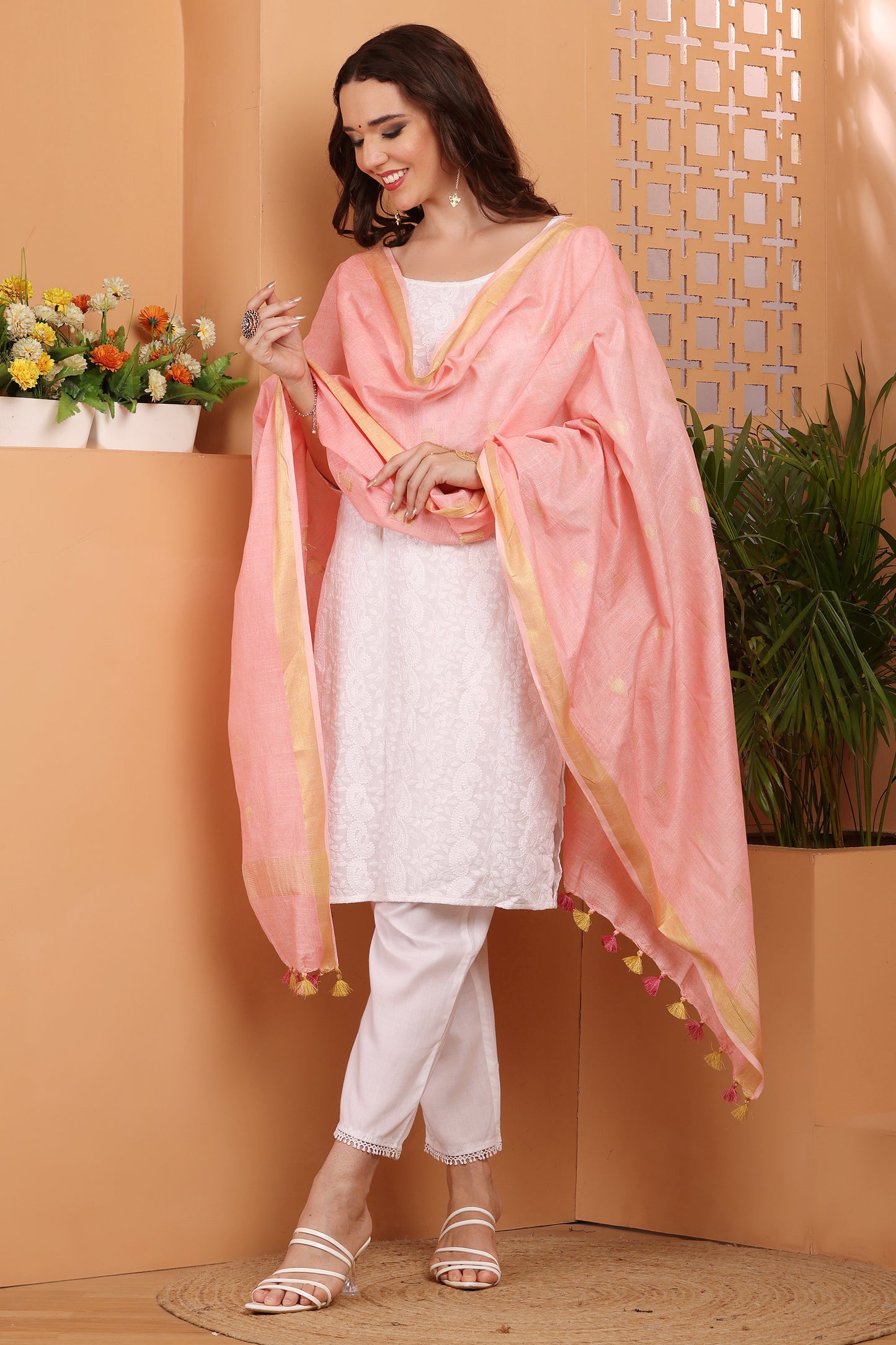 Dupatta - Cotton Gold Linen - Peach