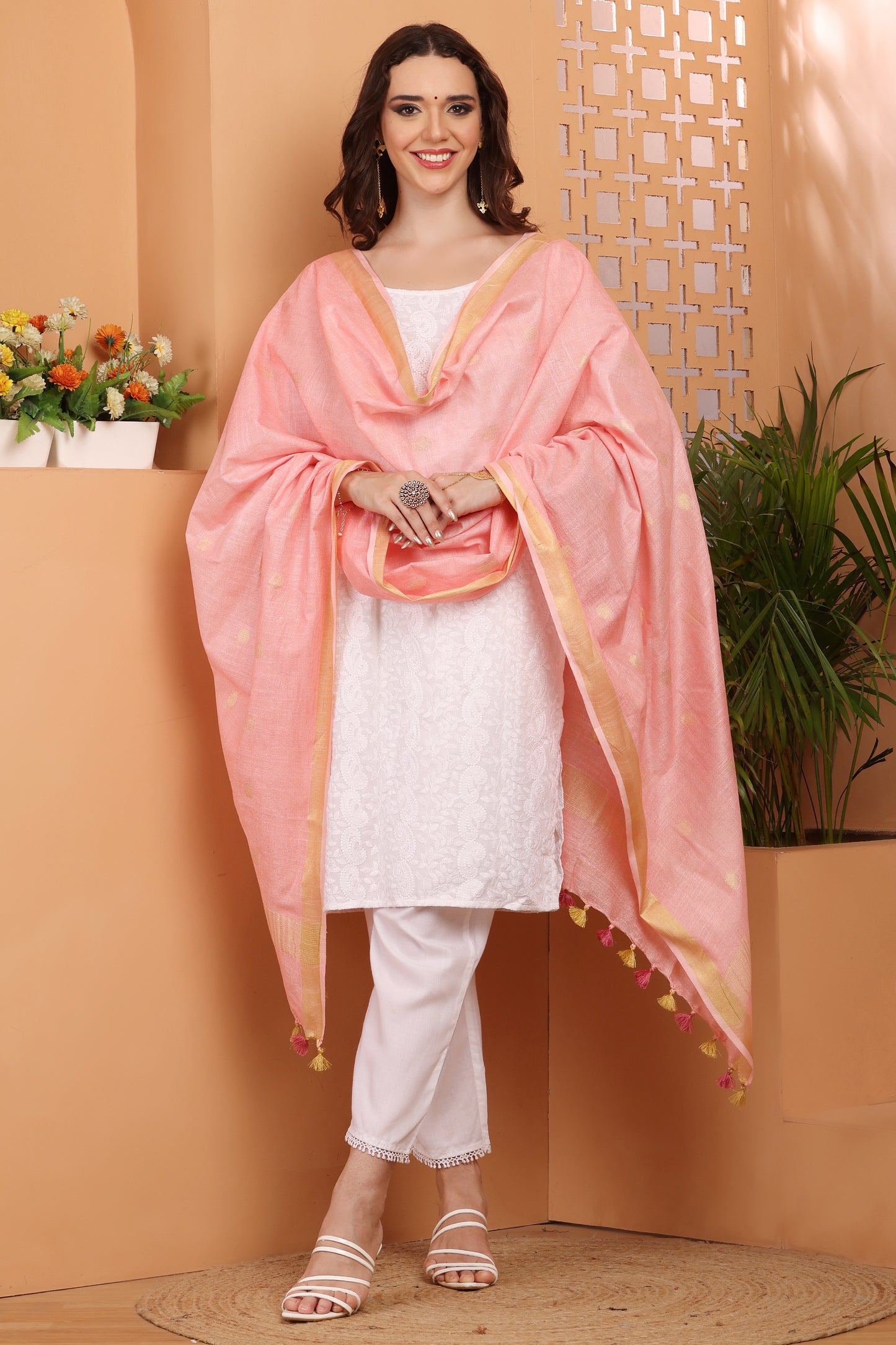 Dupatta - Cotton Gold Linen - Peach