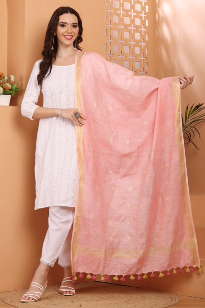 Dupatta - Cotton Gold Linen - Peach