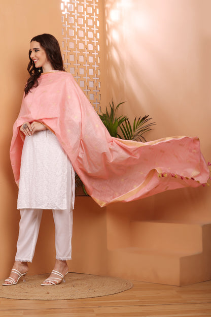 Dupatta - Cotton Gold Linen - Peach
