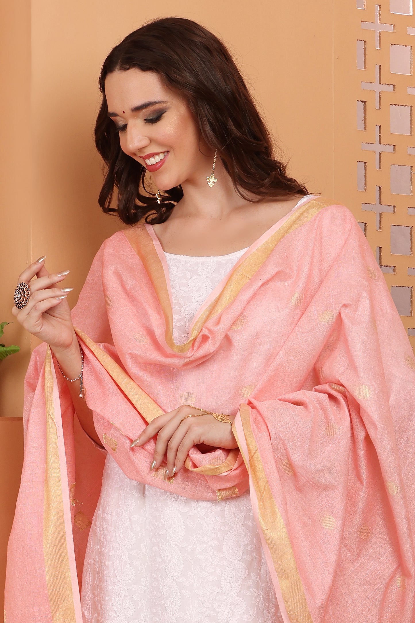 Dupatta - Cotton Gold Linen - Peach