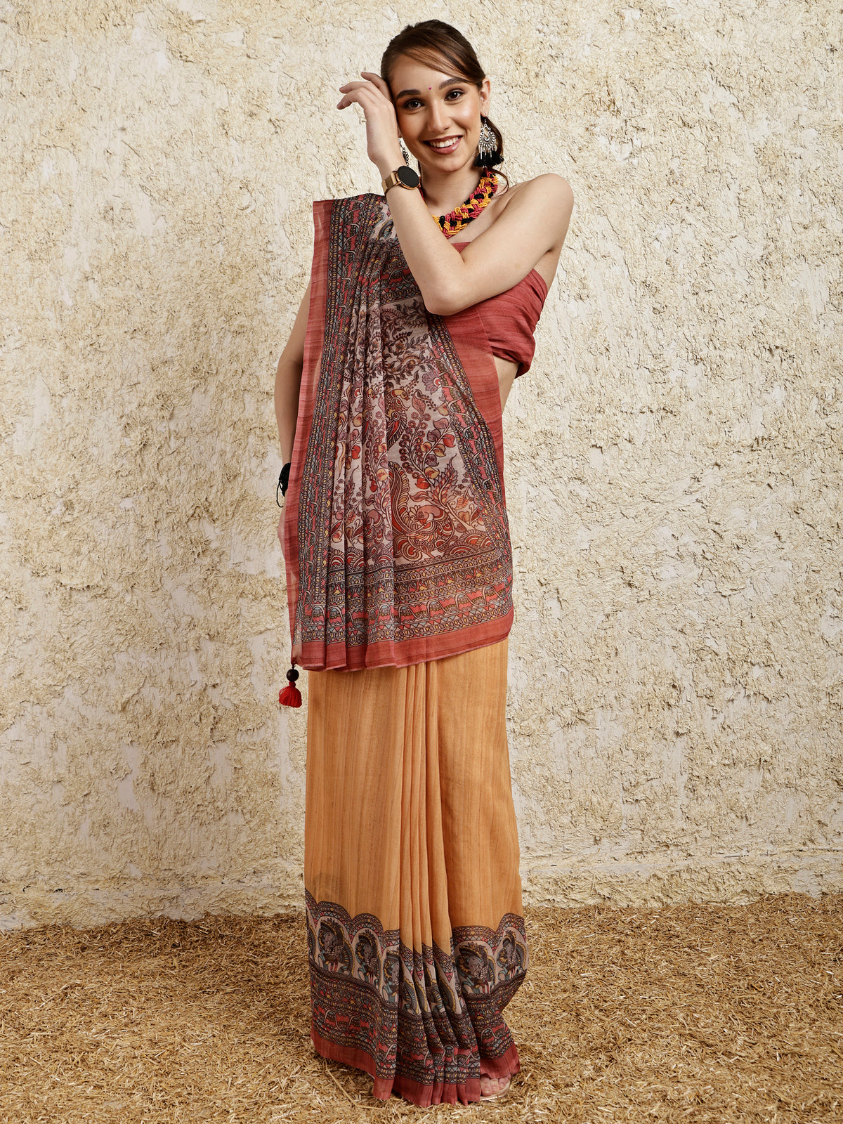 Madhubani Printed Saree- Sunset Twirl Twist