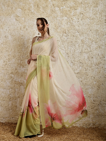 Floral Printed Saree- Petal Crush LimeyPink