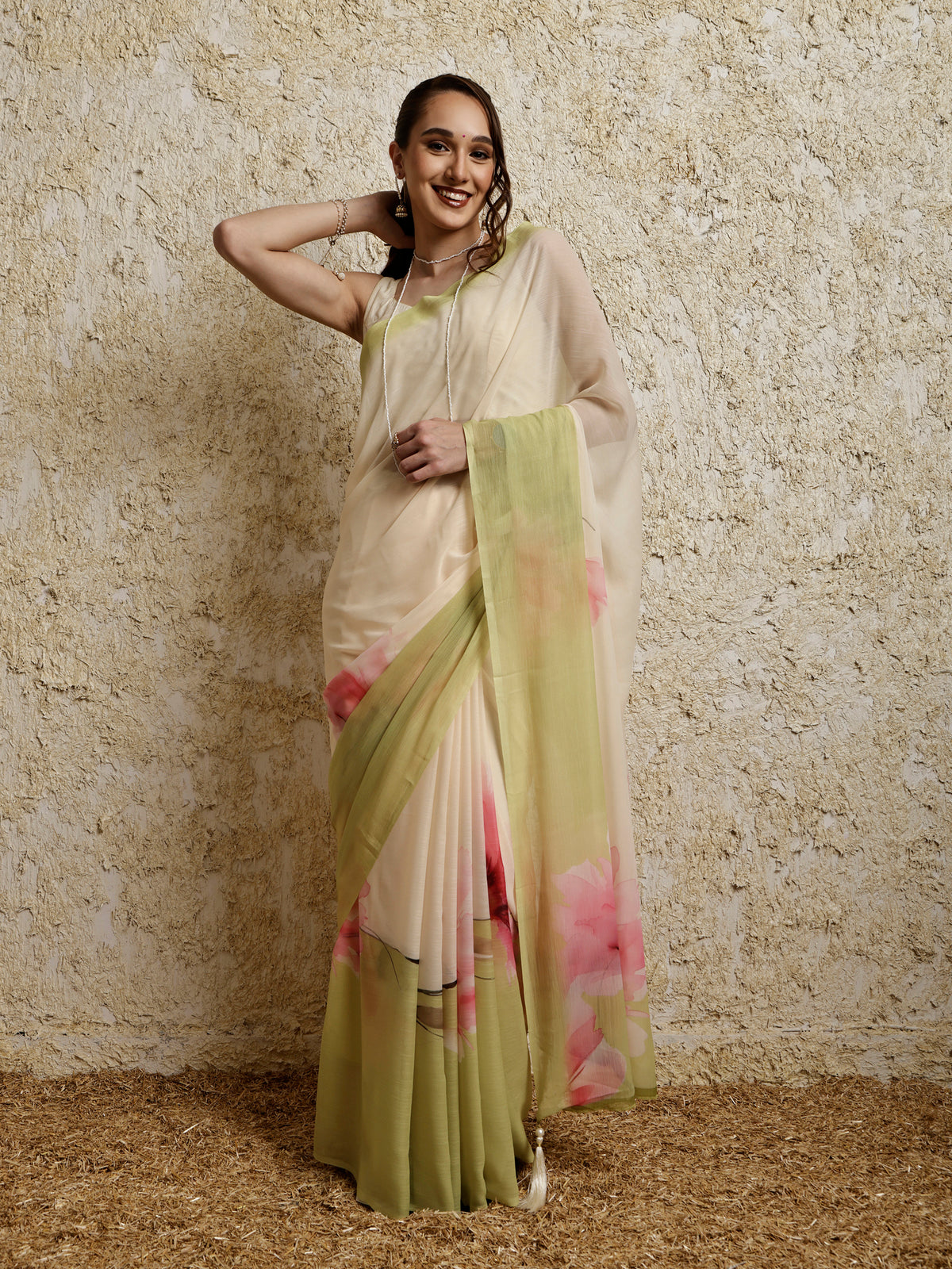 Floral Printed Saree- Petal Crush LimeyPink