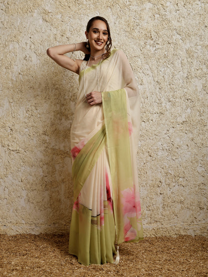 Floral Printed Saree- Petal Crush LimeyPink